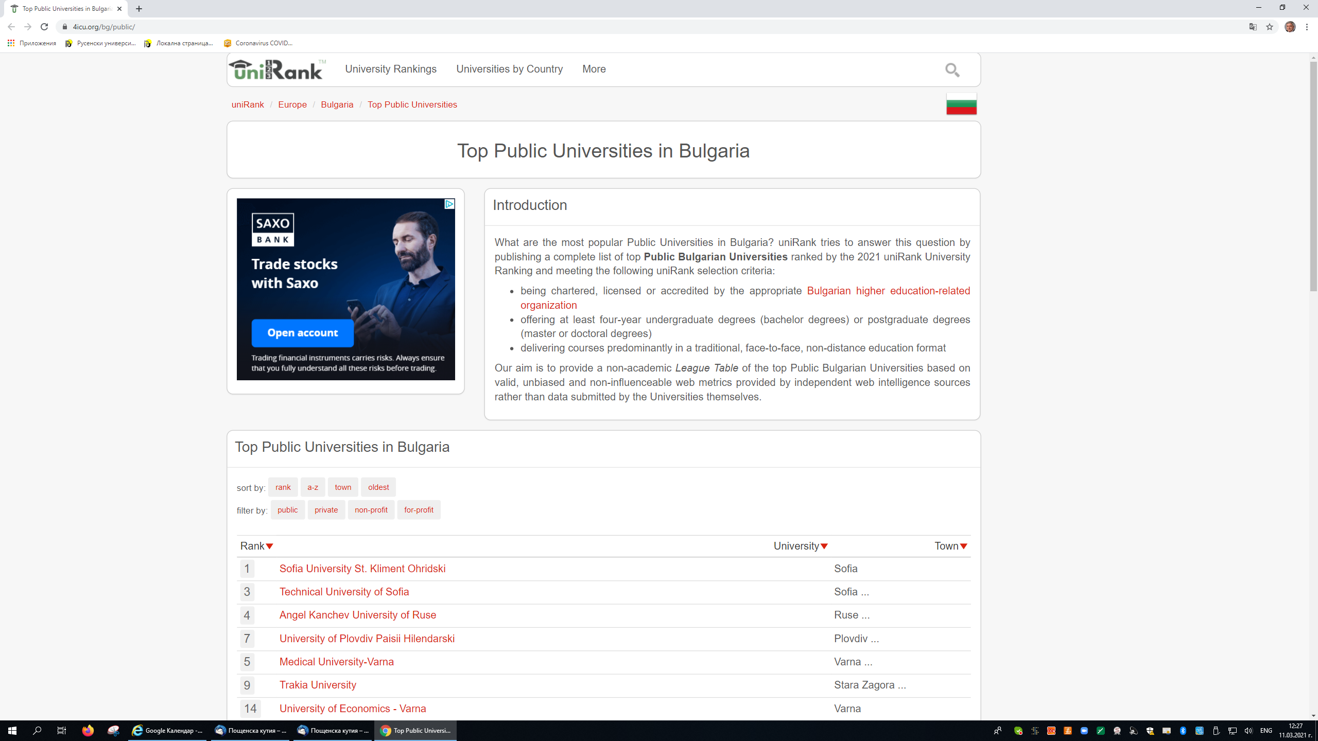 Челна позиция на Русенския университет в световна класация на университетите