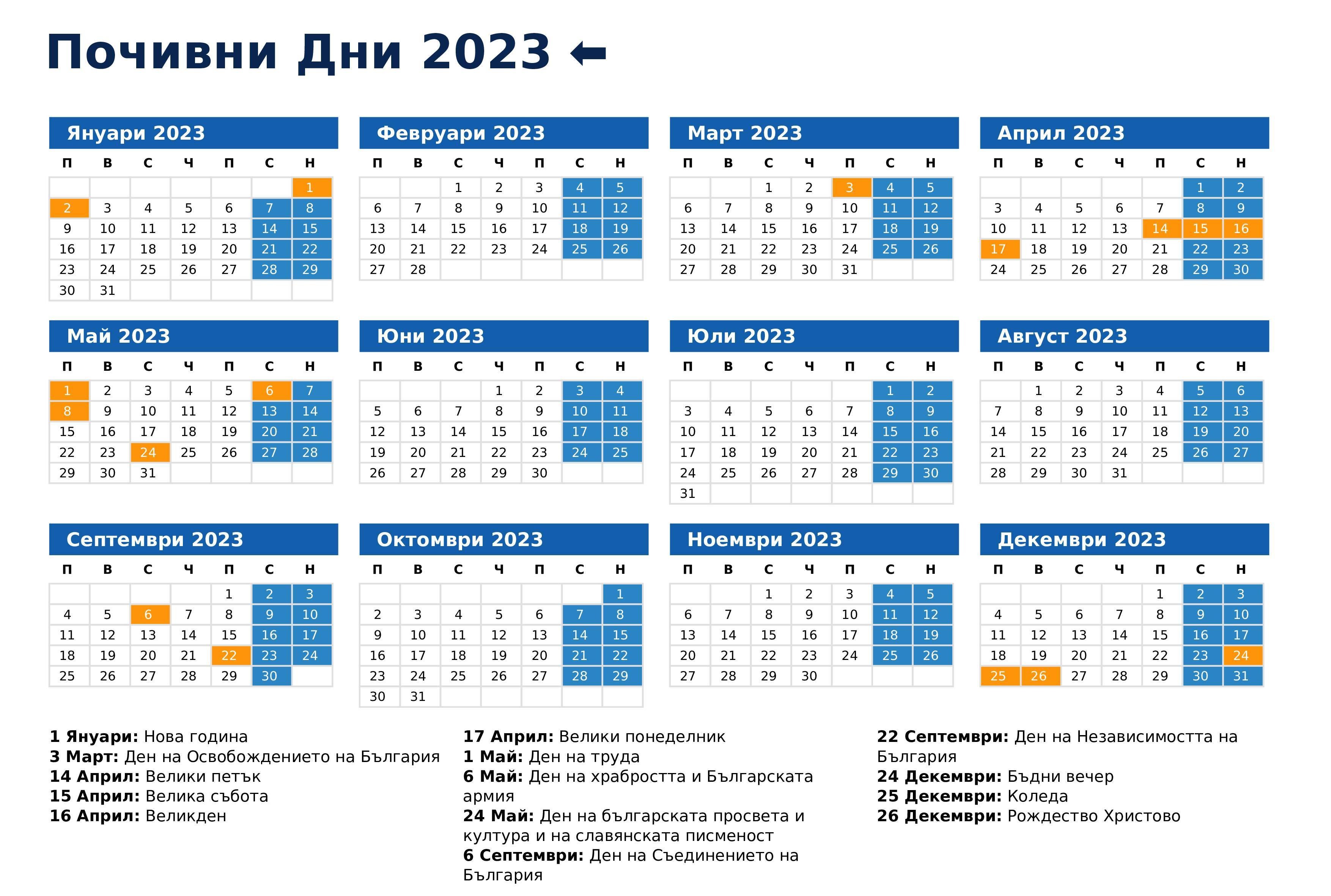  Кои са официалните почивни дни през 2023 г.?